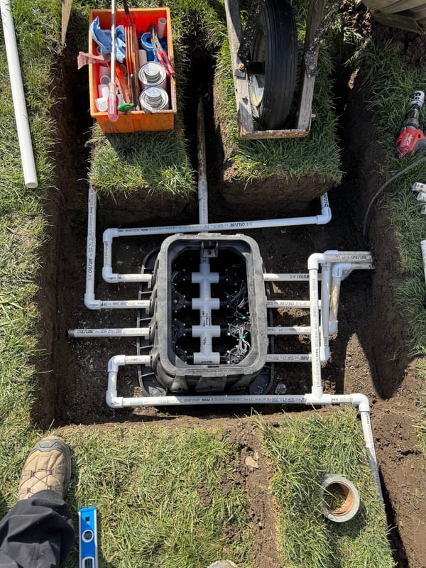 PVC sprinkler valve manifold plumbed into a valve box with lines running out