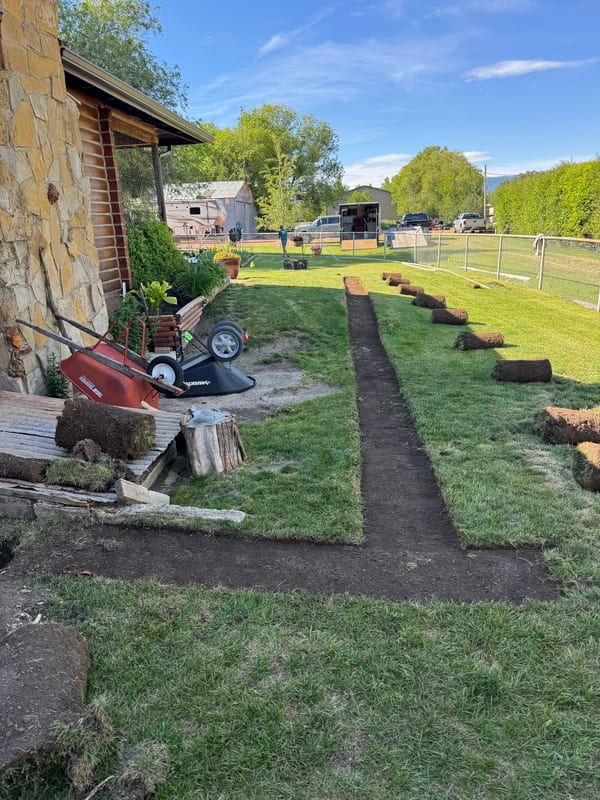Long trench through a side yard with sod rolled to one side