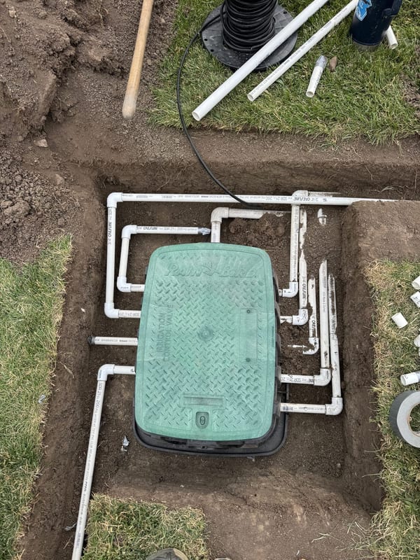 PVC lines plumbed into a green valve box before backfill