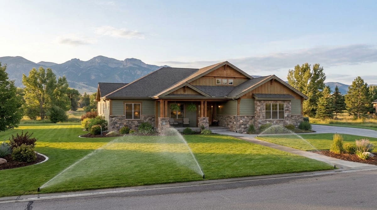 Sprinkler system watering a front lawn in Sheridan, WY